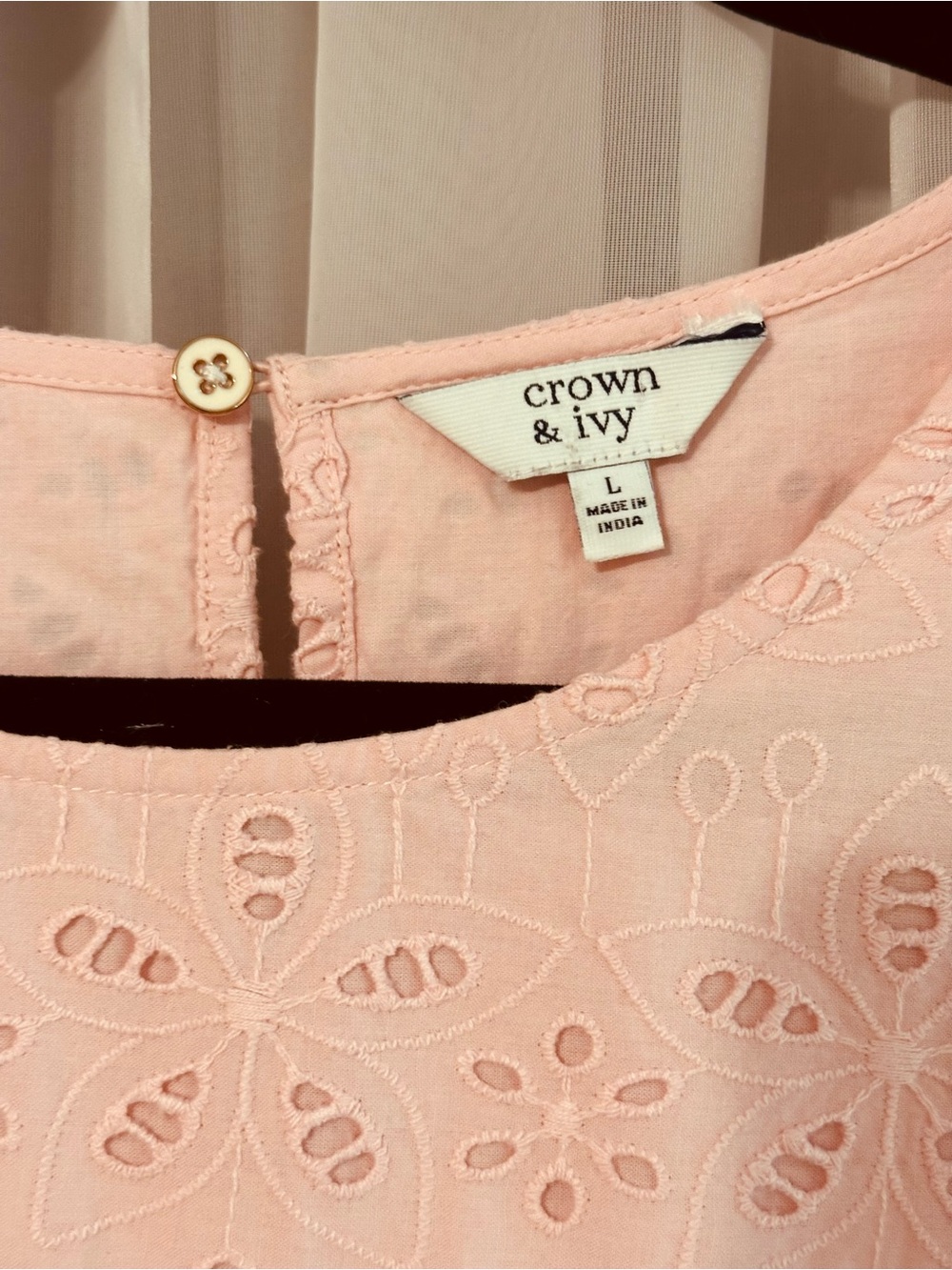 Crown & Ivy Pink Cotton Eyelet Ruffled Peplum 3/4 Sleeve Blouse Size L - Picture 5 of 8